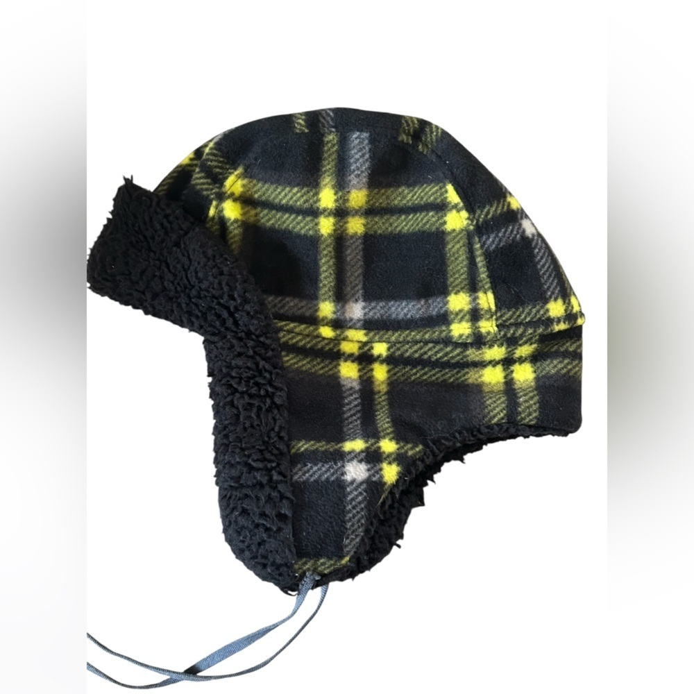 Kids Black Yellow Plaid Fleece Trapper Hat Sherpa Lined Winter Ear Flap 2–5T